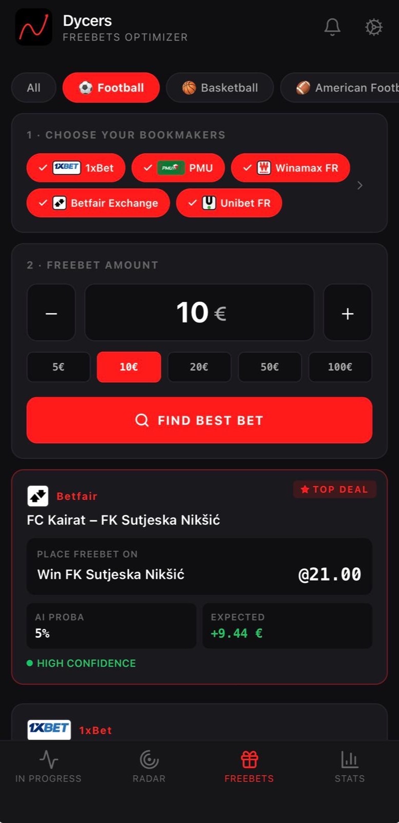 Free-bet optimizer: pick bookmakers and free-bet amount, get the top deal