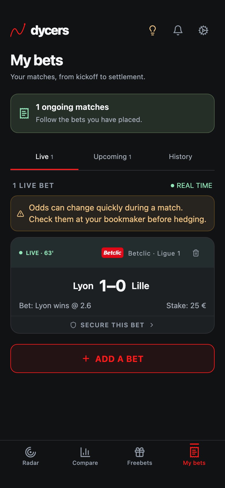 My bets showing a saved bet with its ongoing match score